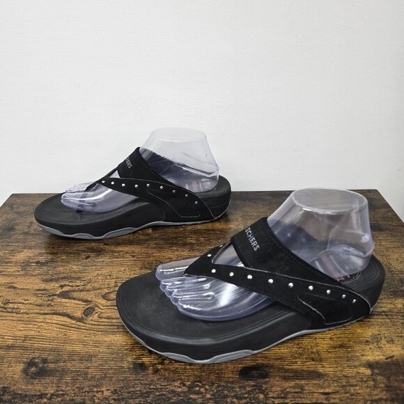Skechers Tone Ups Sandals Womens 9 Thong Black Toe Post Casual Studded 37556 - Picture 3 of 9